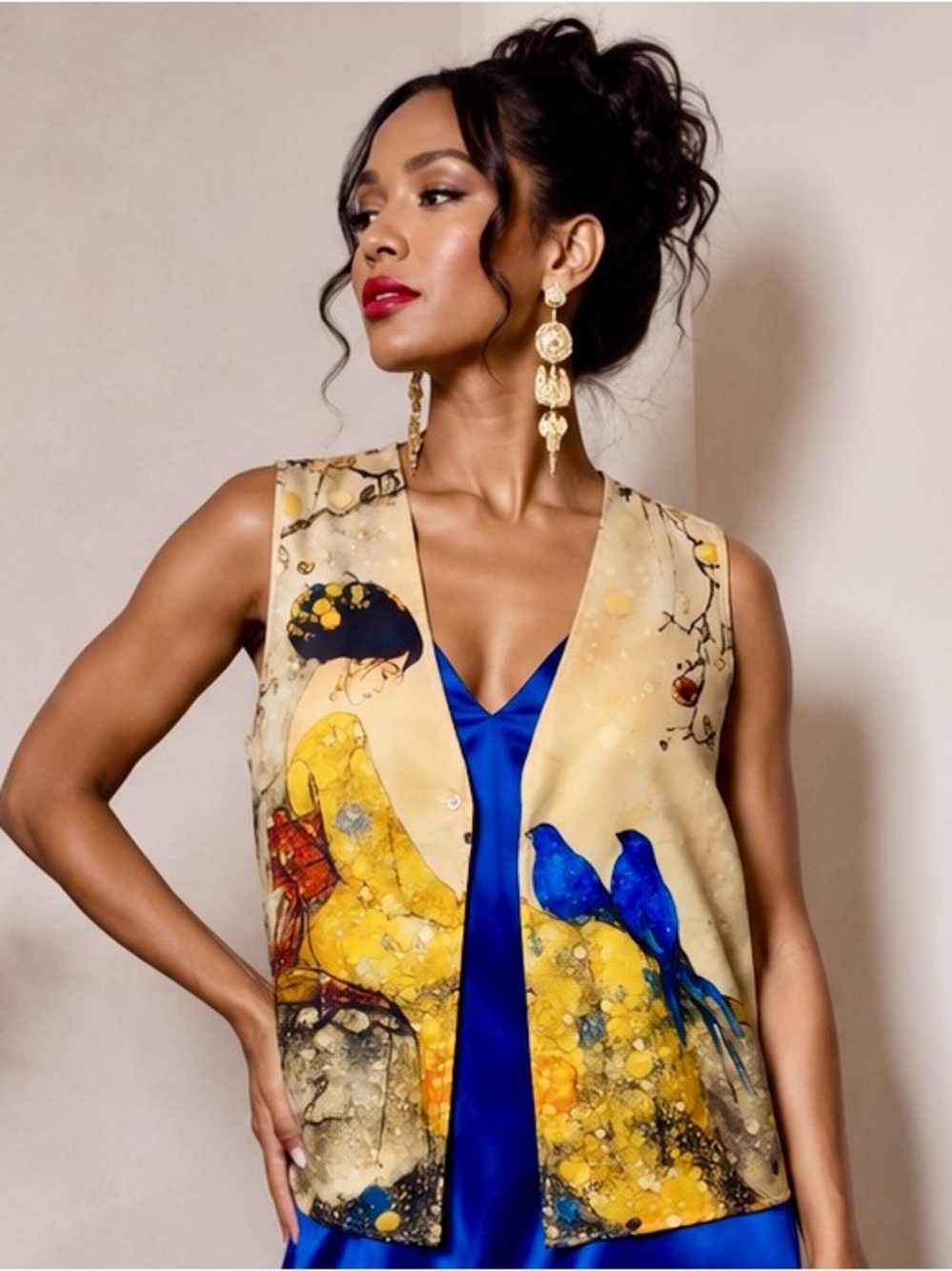 Vibrant Art Print Button Front Vest Waistcoat Bluebird Design XL